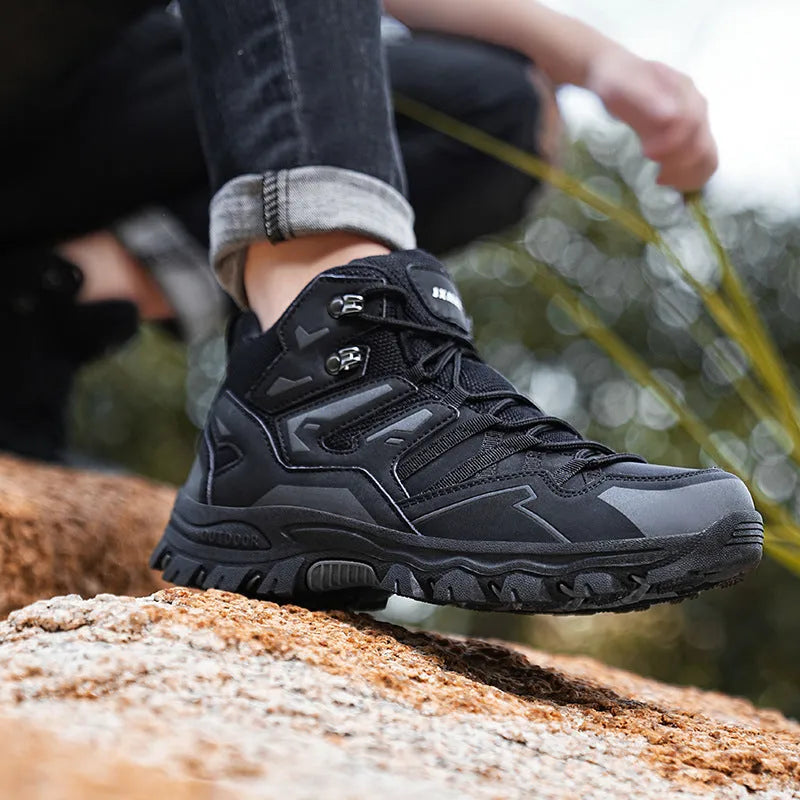 High-top outdoor hiking sneaker in multiple colours with flannel upper and lace-up front.