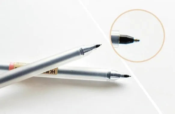 Muji 0.5mm gel pen 12-piece set showing fine nib and ink prevention mechanism