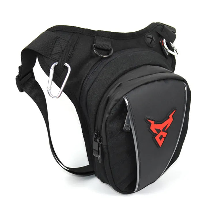Motorcycle leg bag in 1200D Oxford cloth, shown in one of four colours: red, blue, green, or grey.