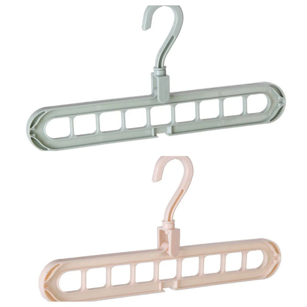 Plastic clothes hanger with rotating hook showing pink and green colour options