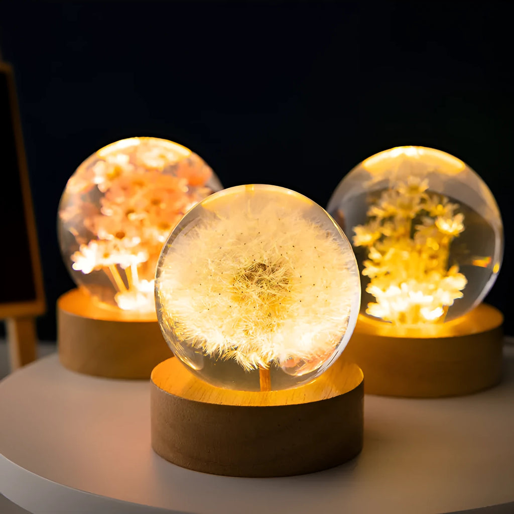 Dandelion preserved flower crystal ball night light on beech wood stand with USB cable