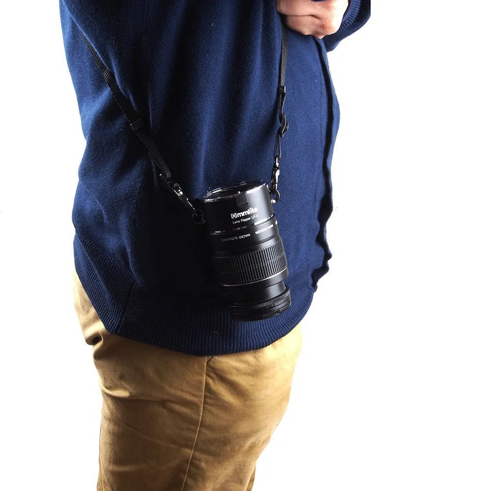 Aluminium camera lens flipper holder for Nikon F-mount with stainless steel buckle and cotton shoulder strap
