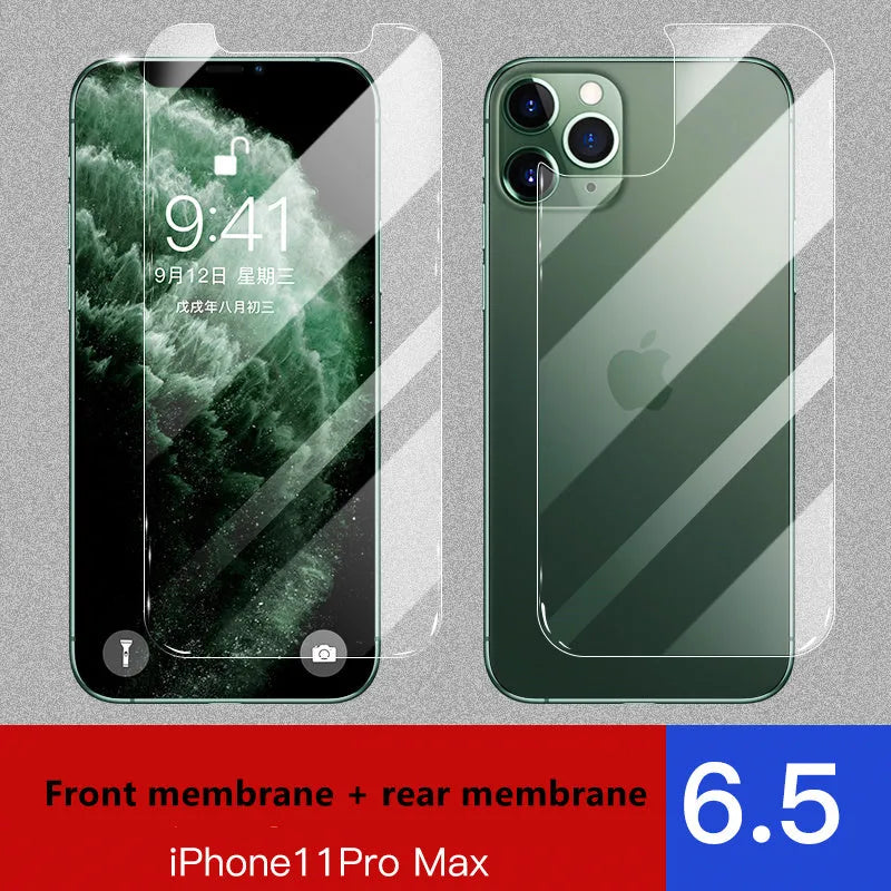 Tempered glass screen and rear protector films for Apple iPhone 11, X, and XS models.