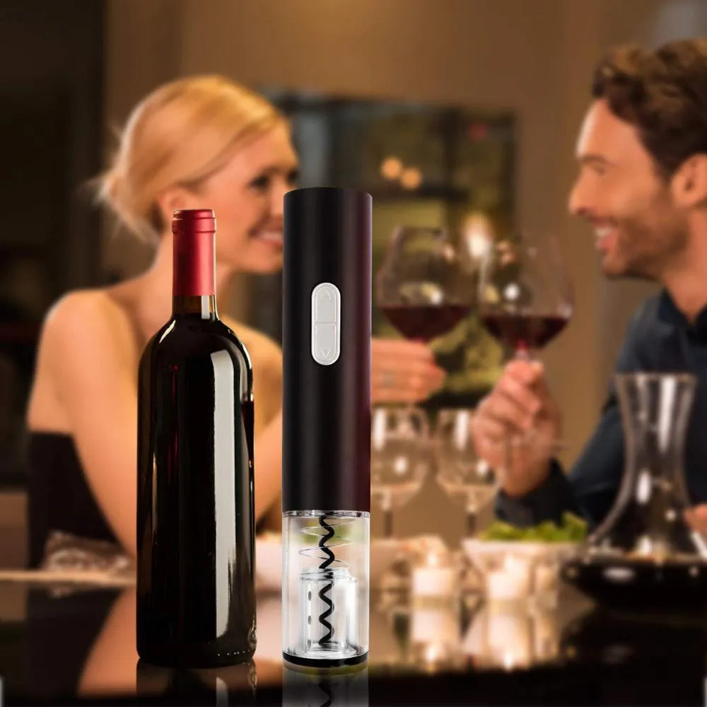 Automatic electric wine bottle opener with foil cutter in black, red, and white colour options.