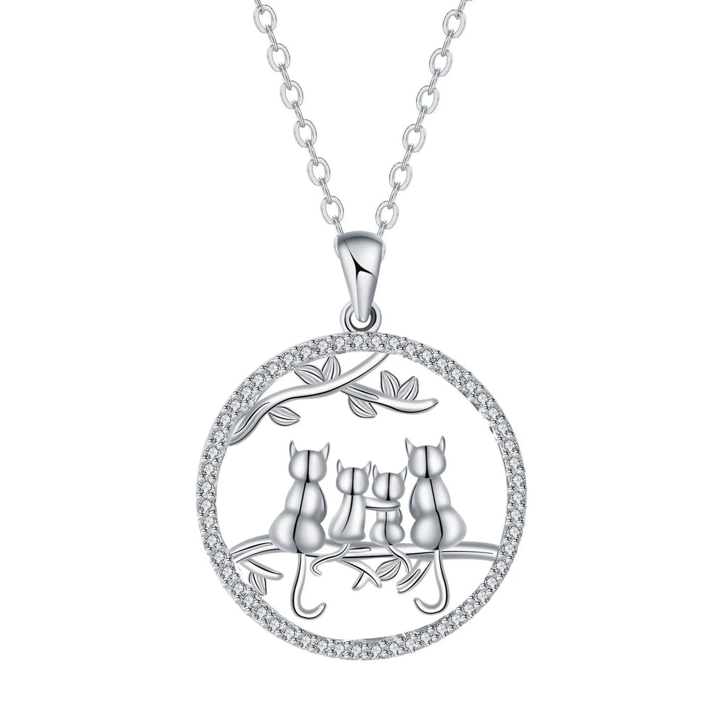 Original design copper necklace with four kitten pendants on a cross chain for women.