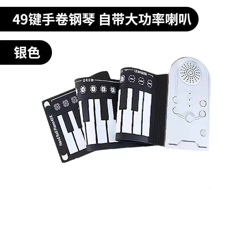 49 key portable folding electronic keyboard in pearl white, showing compact folded size next to unfolded playing position