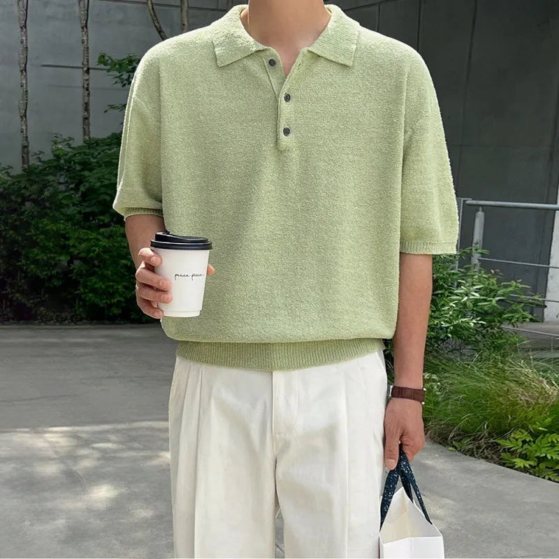 Men's retro knitted polo shirt in caramel colour with asymmetric design detail and short sleeves