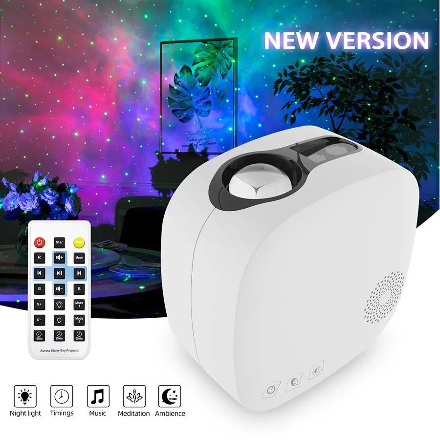White laser starry sky projection lamp with nebula moon patterns and Bluetooth speaker functionality