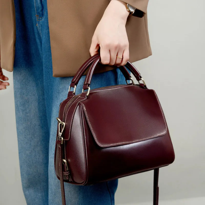 Genuine leather women's crossbody tote bag in cross square shape with double shoulder straps and multiple internal compartments