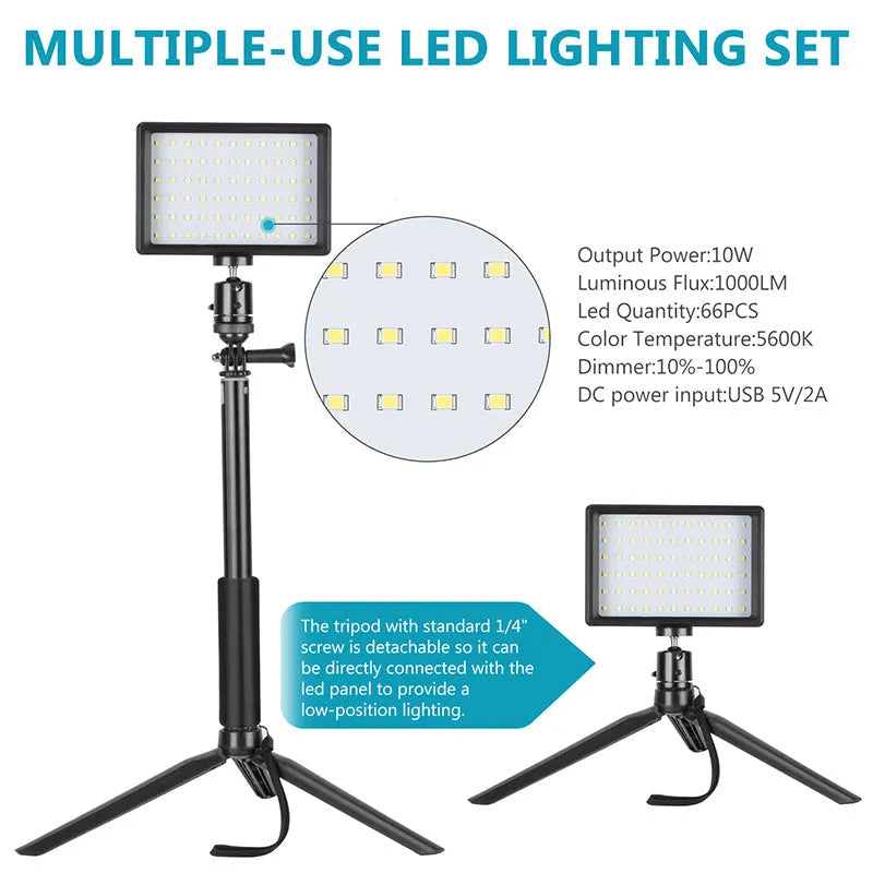 LED double lamp set with black mini tripods, extension rods, and colour filters on a white background