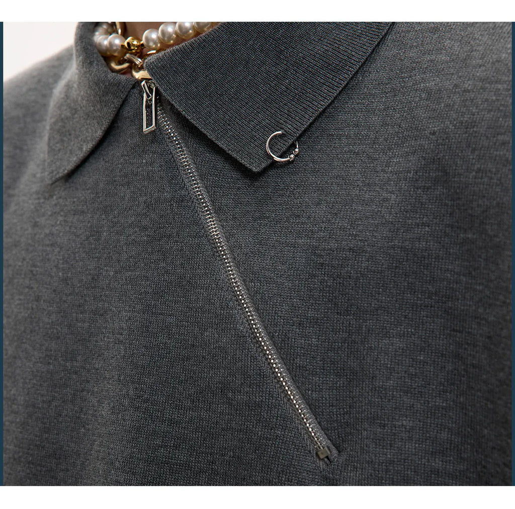 Men's slim-fit knitted polo shirt with an oblique zip in black, grey, or white.