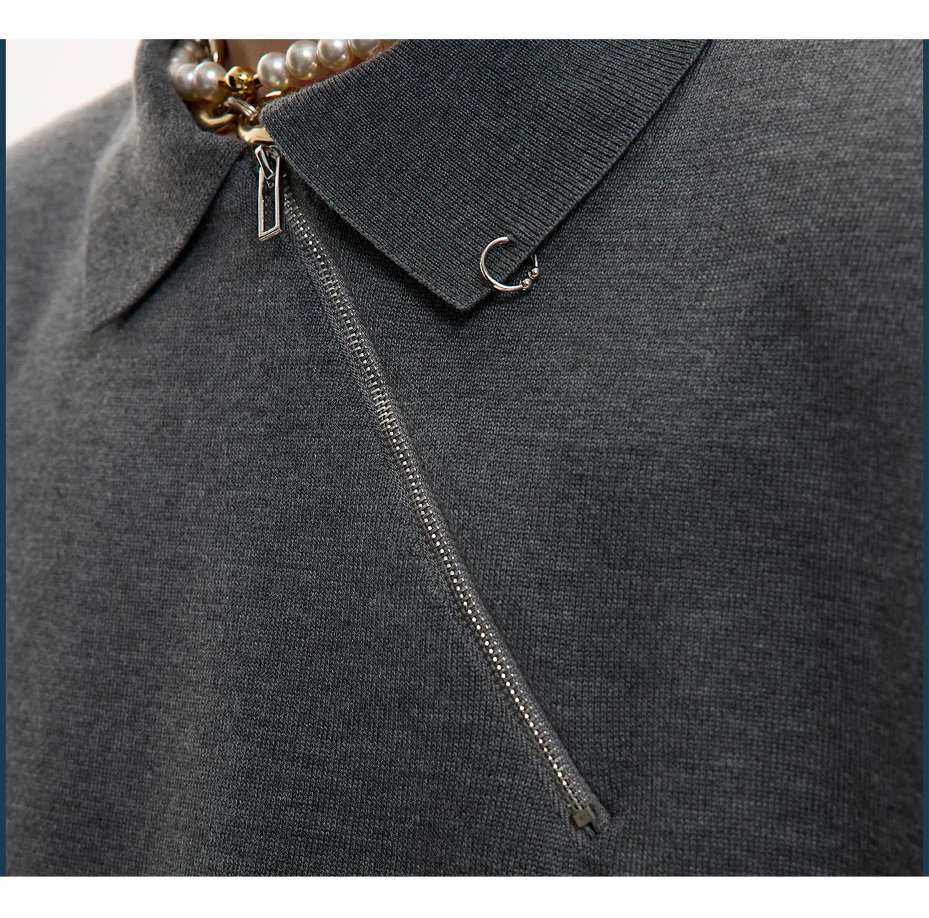 Men's slim-fit knitted polo shirt with an oblique zip in black, grey, or white.