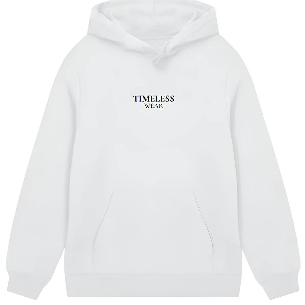 Drop shoulder loose solid colour polyester hooded sweatshirt pullover in white on a model