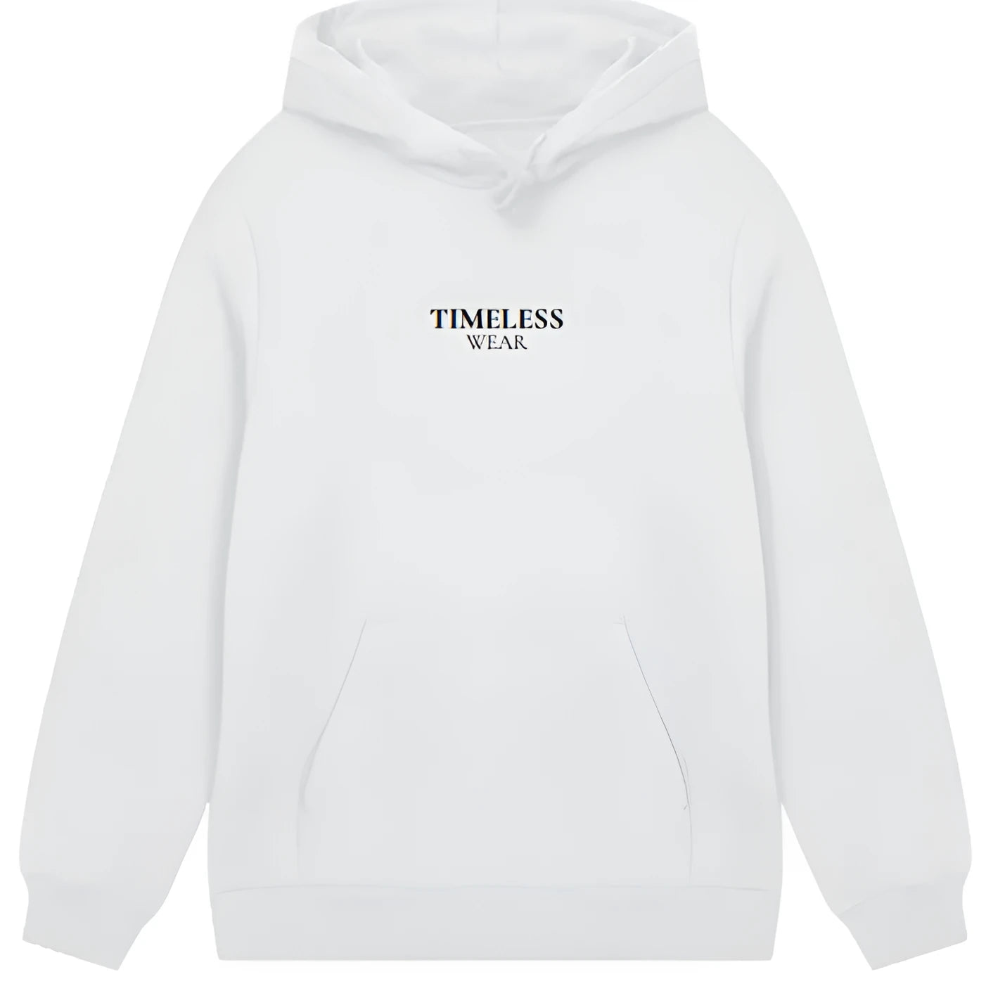 Drop shoulder loose solid colour polyester hooded sweatshirt pullover in white on a model