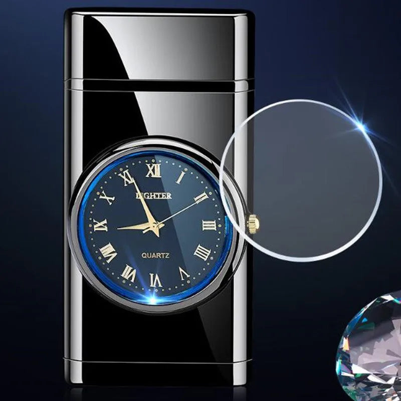 Multifunctional electronic watch and cigarette lighter with LED light in metal body.