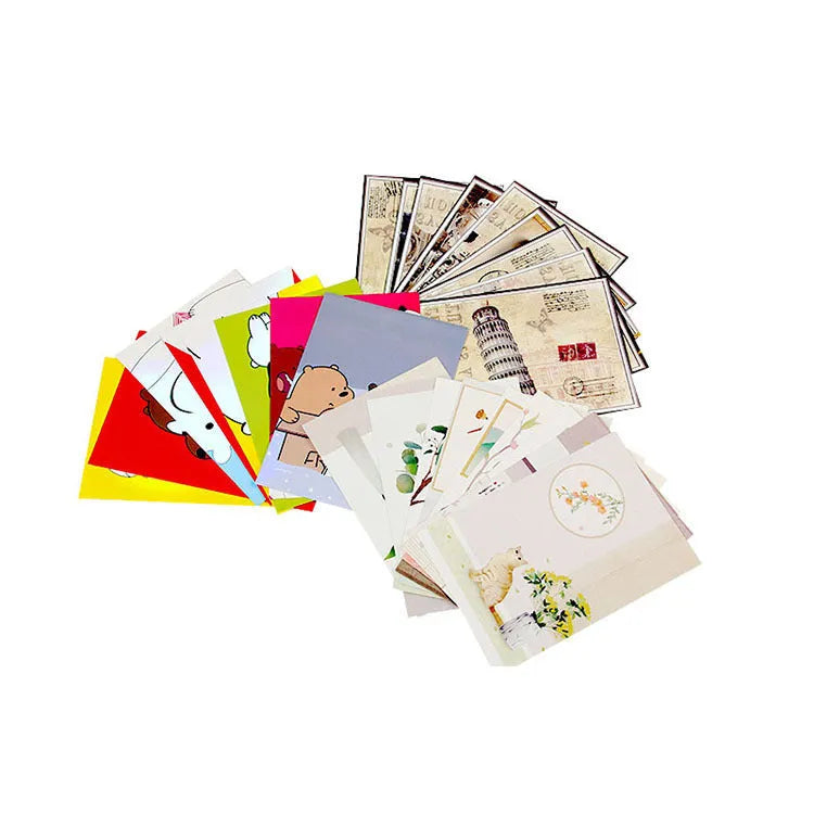Set of nine Japanese minimalist cartoon postcards showing retro illustrations of the Paris Tower and other historic buildings.