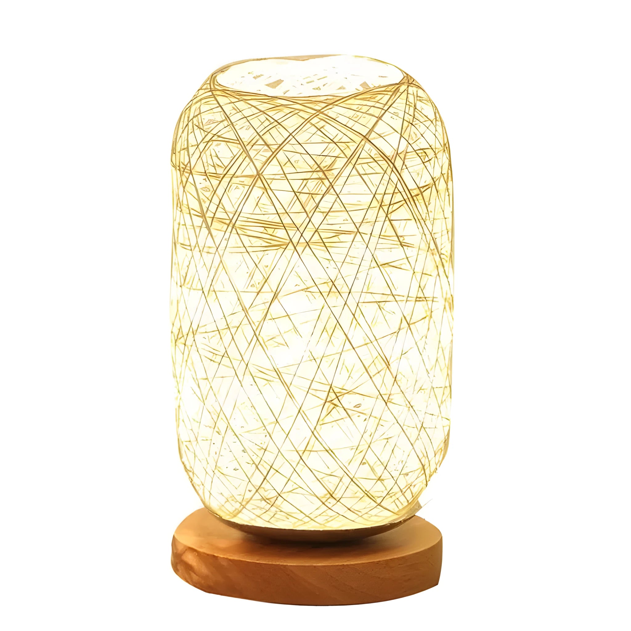 Sepak Takraw ball design desk lamp made of brown hemp rope and wood with a warm LED light.