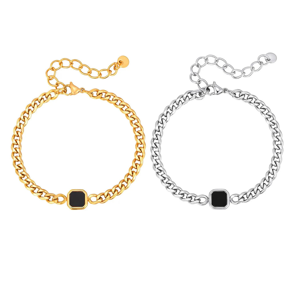 Stainless steel chain bracelet with six-sided acrylic geometric beads in Gold and Steel colour options