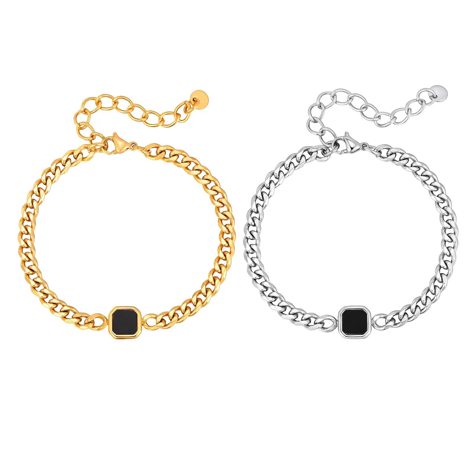 Stainless steel chain bracelet with six-sided acrylic geometric beads in Gold and Steel colour options