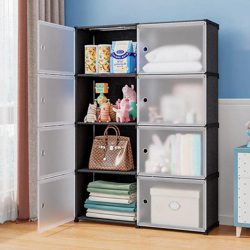 Black and white PP grid floor storage cabinet with door, single row four layers configuration