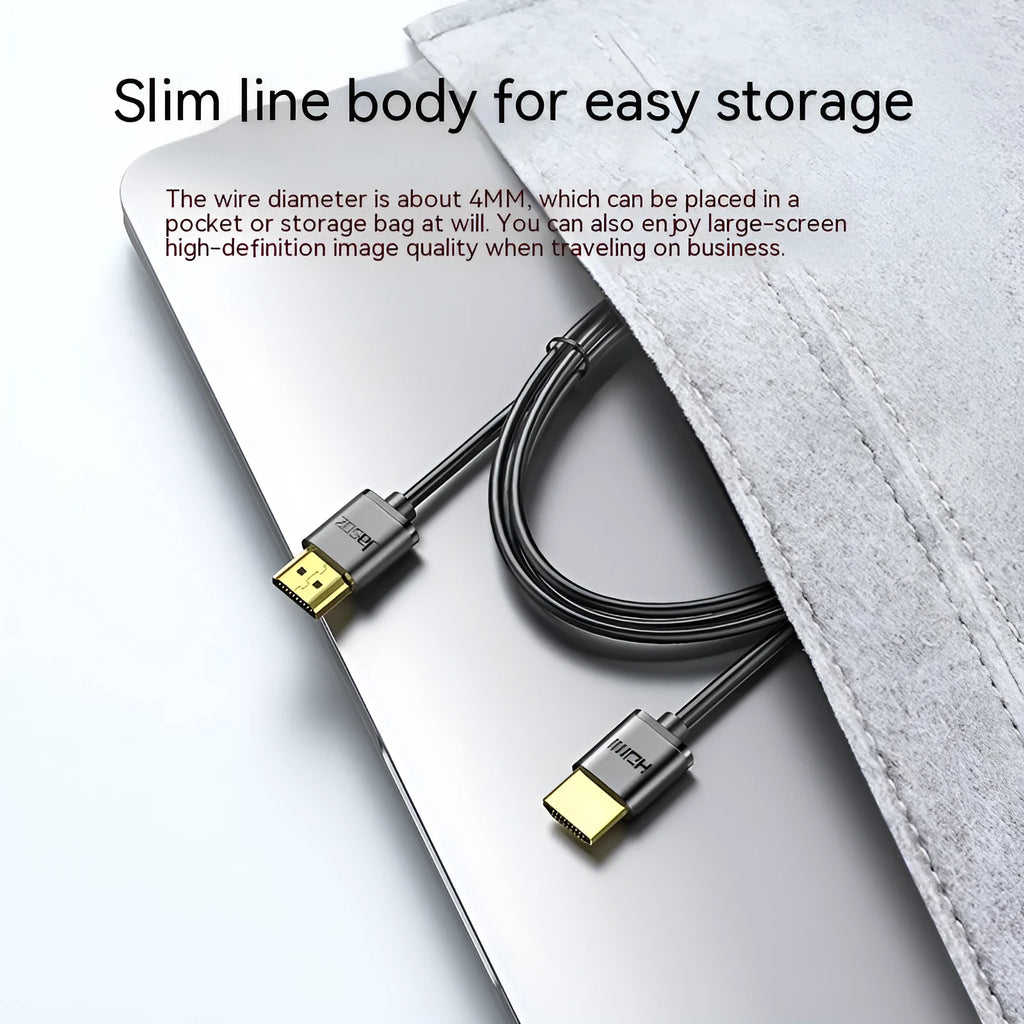 Black flexible HDMI cable with gold-plated connectors, shown at various lengths for computer and monitor use.