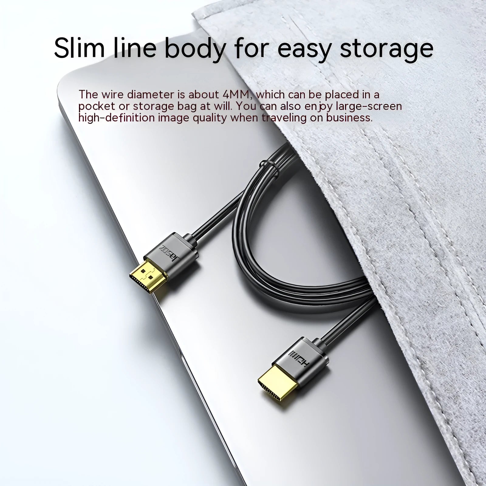 Black flexible HDMI cable with gold-plated connectors, shown at various lengths for computer and monitor use.