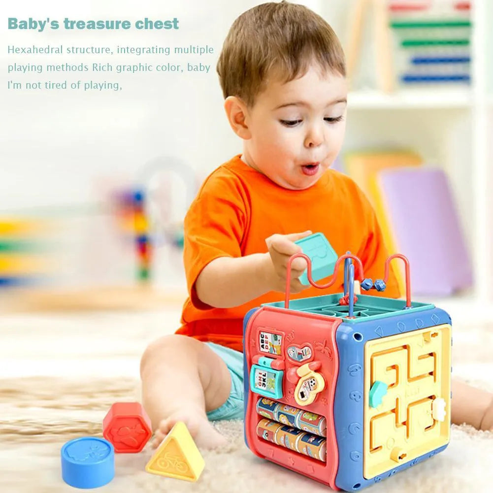 Baby hexahedron educational toy with six different Montessori learning activities on each side
