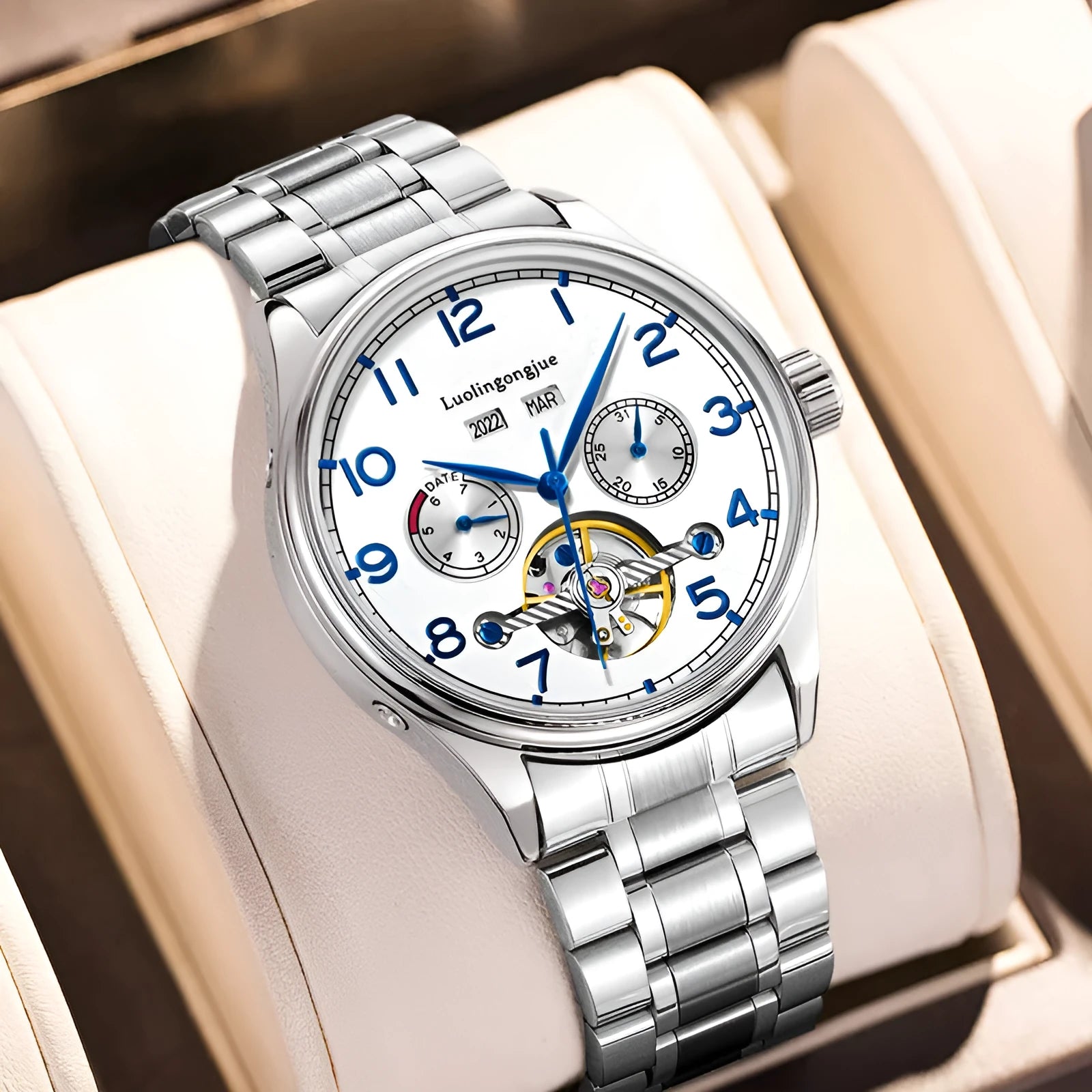 Business hollow men's mechanical watch with stainless steel case and leather strap