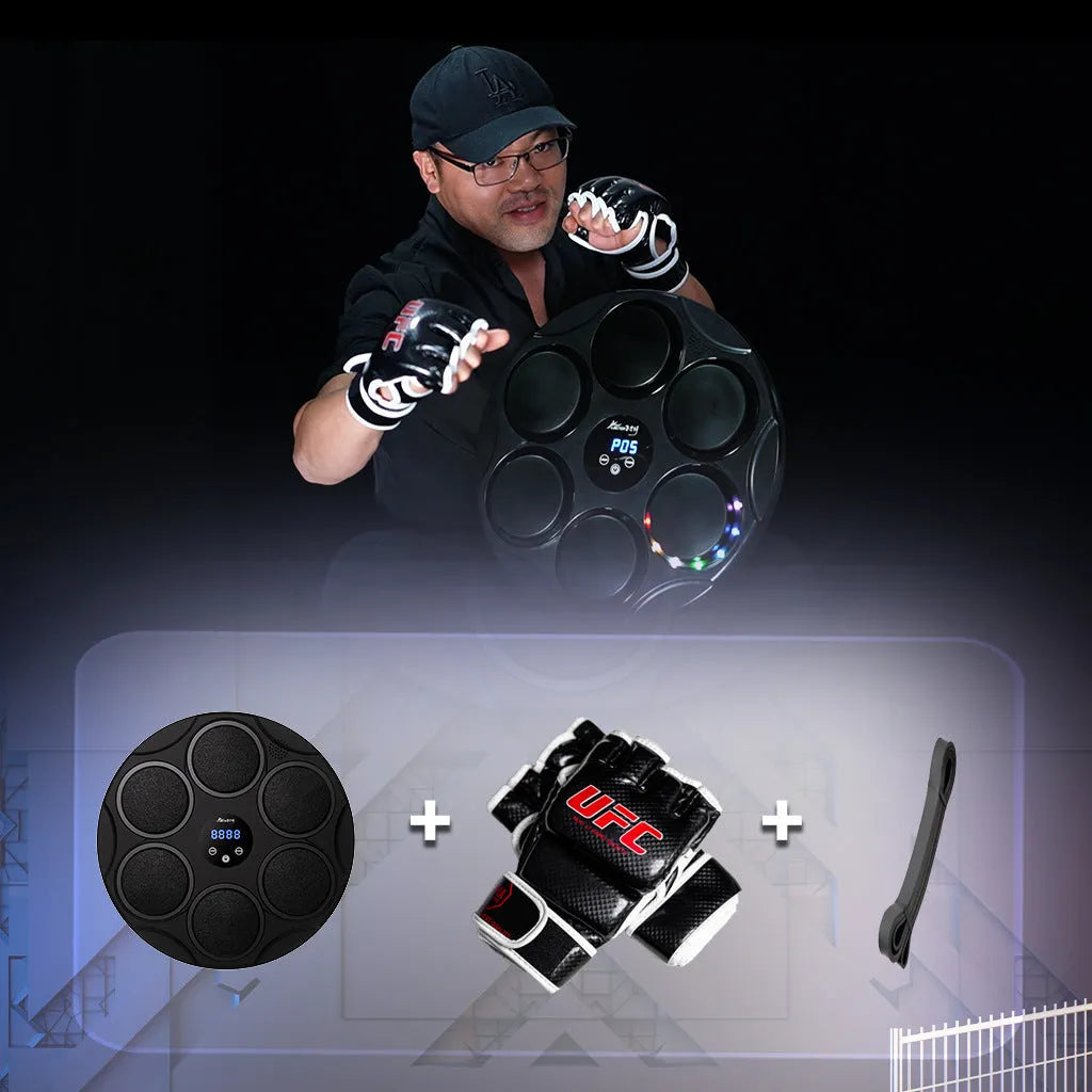 Black wall-mounted boxing target with coloured LED lights and Bluetooth connectivity for fitness training