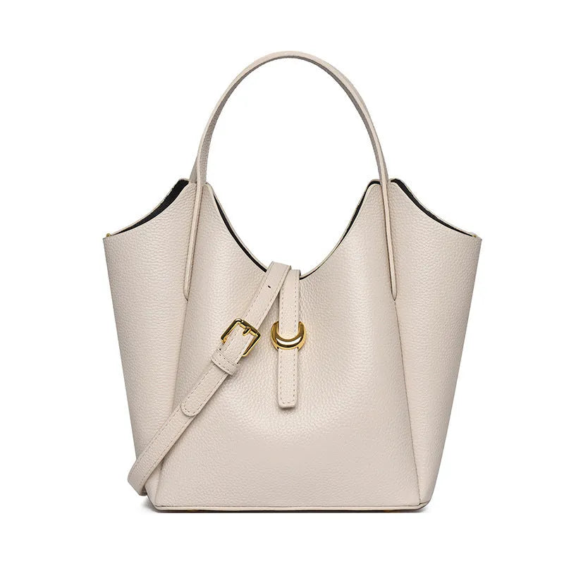 Genuine leather women's large capacity bucket handbag in retro style with internal file organisation