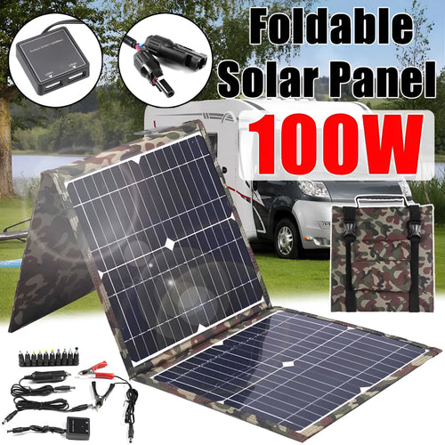 Black foldable 36W solar panel with monocrystalline cells and charging accessories displayed unfolded