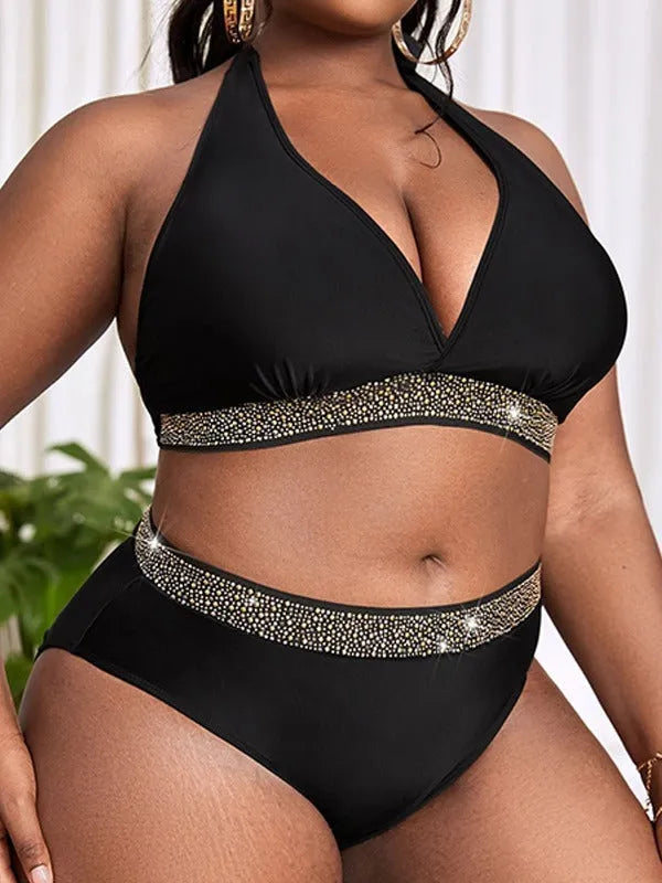 Black plus size women's two-piece bikini swimsuit on hanger