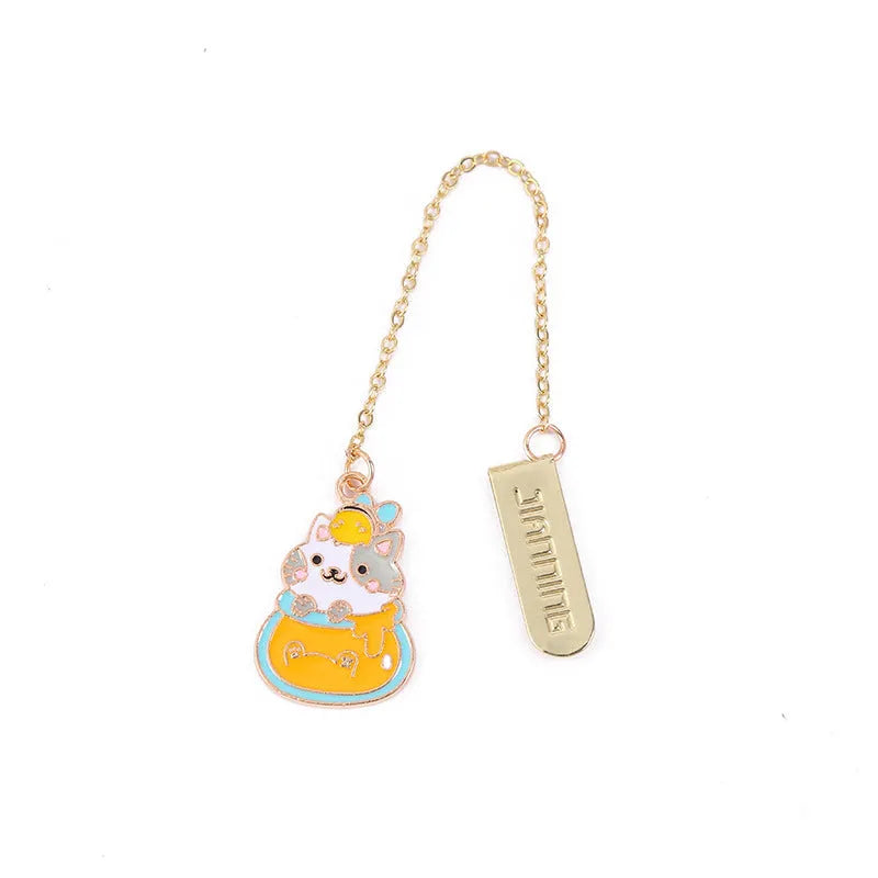 Jane Key Foodie Cute Pet Cat metal bookmark with cartoon pendant, shown in various colour designs.