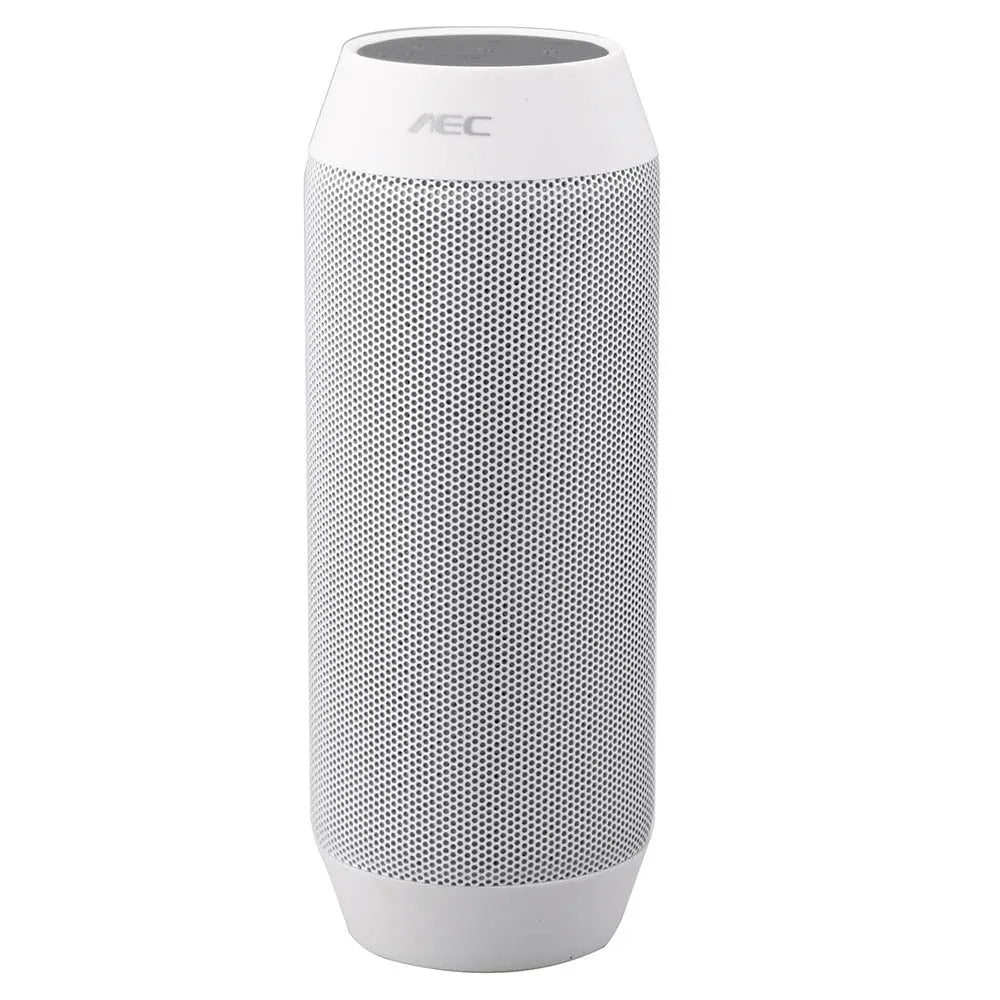Mini black or white Bluetooth stereo with colourful lights showing 360° sound and compact dimensions