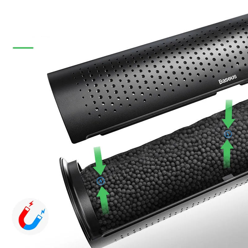 BASEUS black car air purifier with activated carbon crystal and magnetic enclosure on a car dashboard