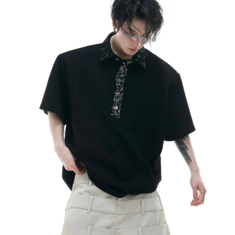 Men's square collar polo t-shirt with embroidery sequins design in black, grey or white