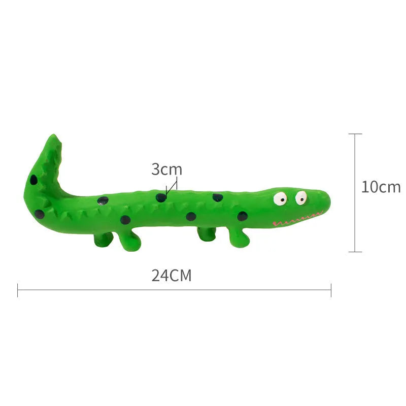 Green lizard-shaped dog chew toy with textured surface and squeaker for aggressive chewing dogs