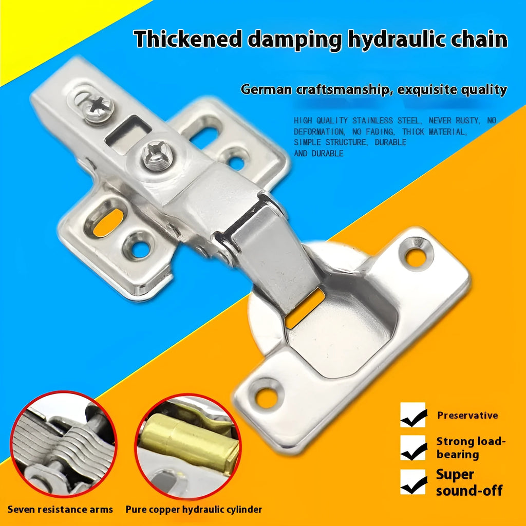 Nickel-plated cold rolled steel hydraulic hinge for cabinet doors with damping mechanism.