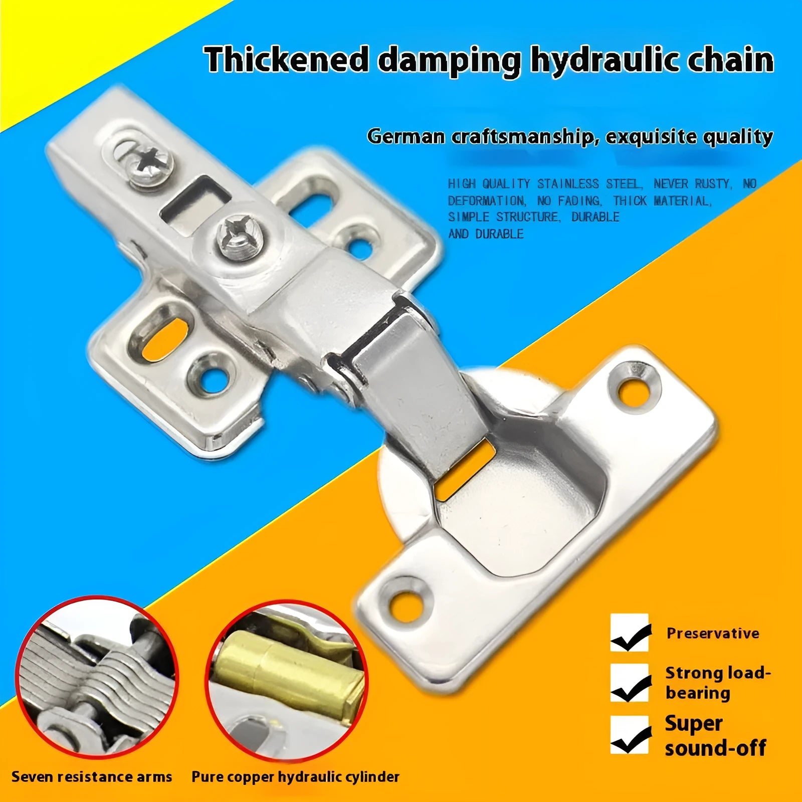 Nickel-plated cold rolled steel hydraulic hinge for cabinet doors with damping mechanism.