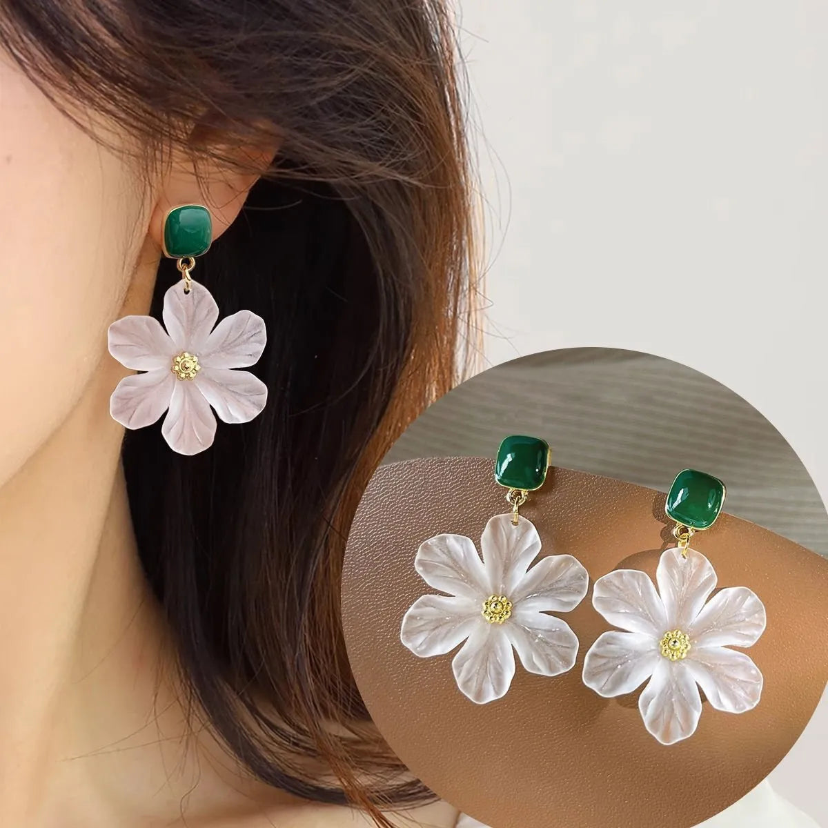 Pair of dark green alloy earrings with sterling silver needle flowers sweet design for women