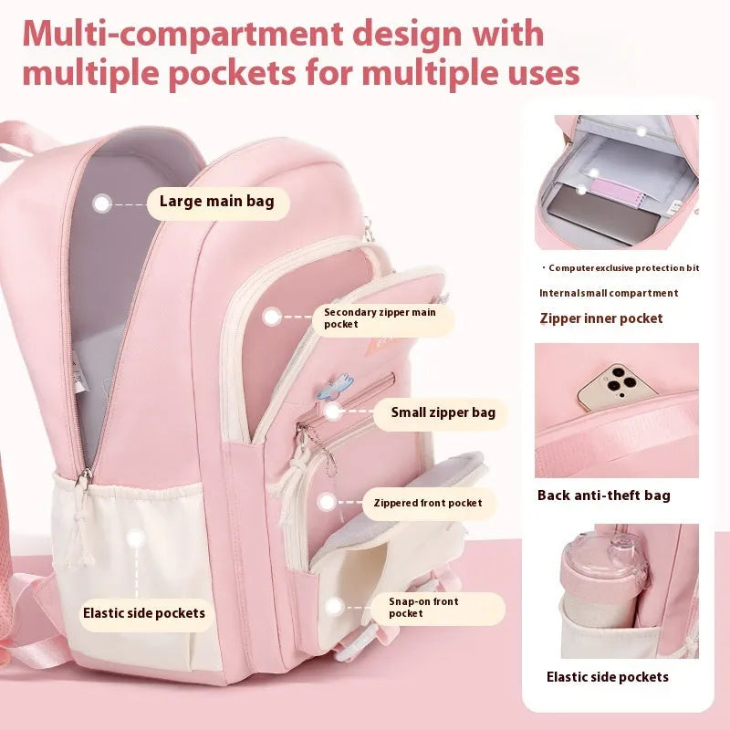 Pink waterproof school backpack for girls with curved shoulder straps, shown with matching pencil case.