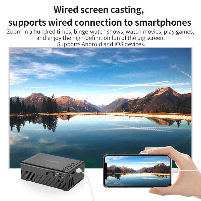 Black or white portable mini projector with wired mobile phone connection showing 320x240 resolution specification