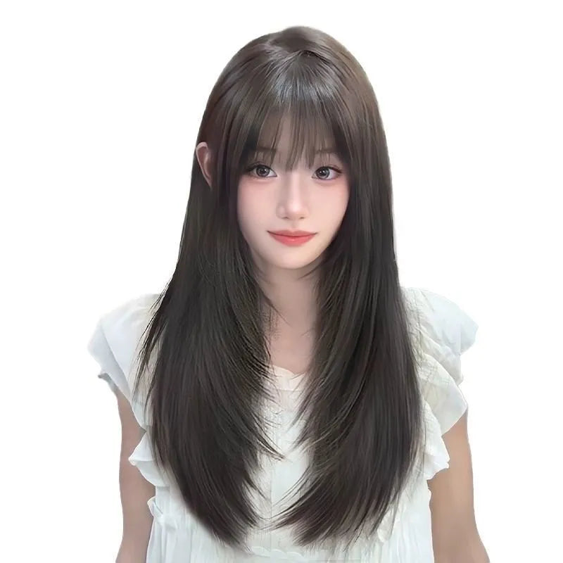 Long straight layered full-head wig in black with hair net construction and high-temperature fibre material