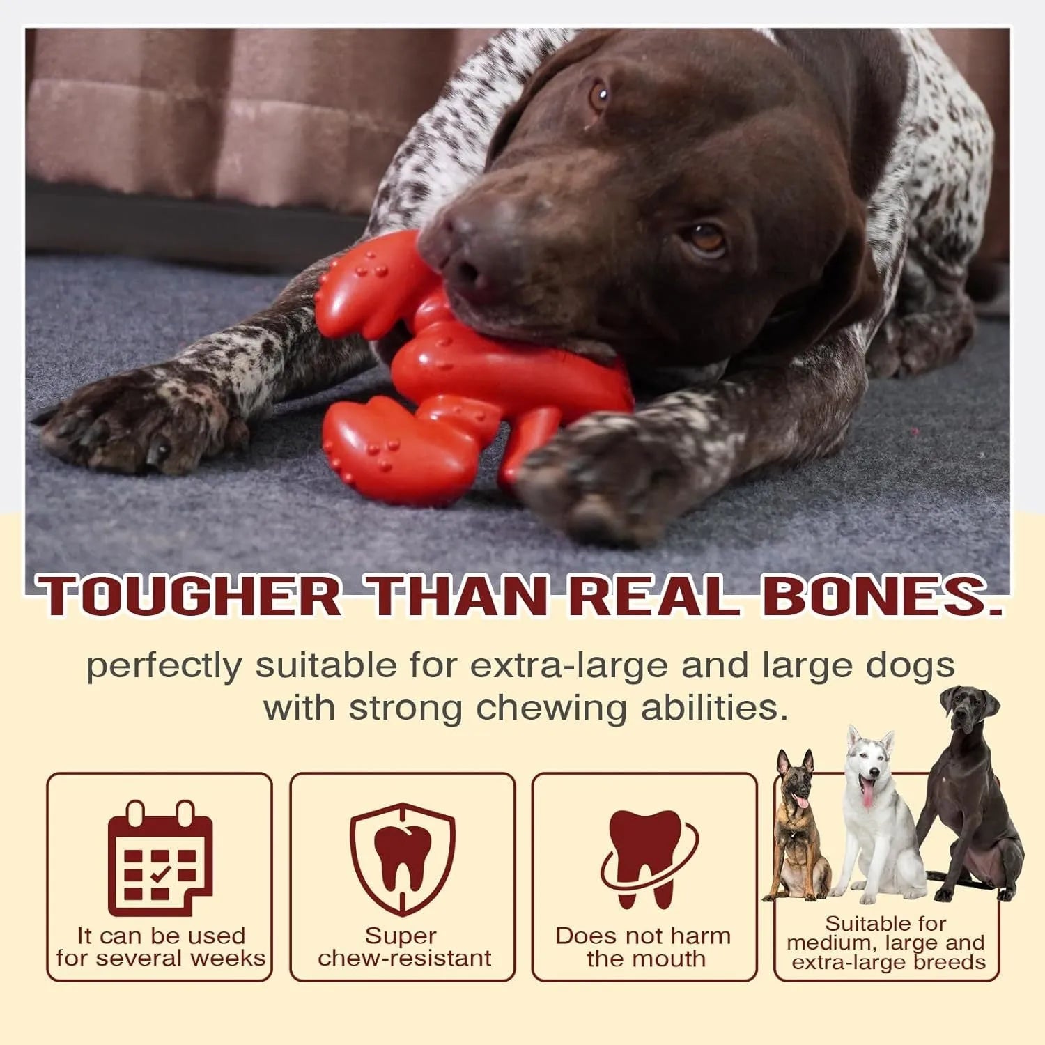 Red hard-wearing dog chew bone for aggressive chewers and large breed dogs