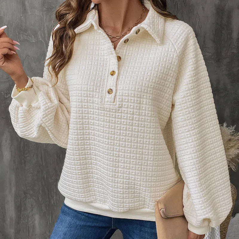 Women's Milky White polo collar sweater, a thickened polyester pullover with long sleeves.