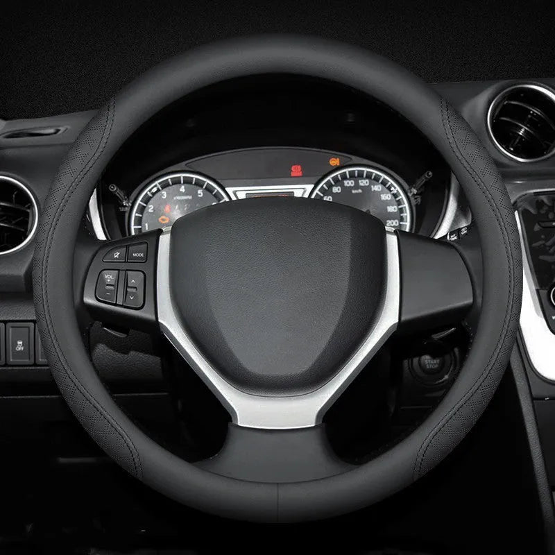 Black universal car steering wheel cover with two-colour line and Napa leather texture, 38cm diameter for Suzuki vehicles