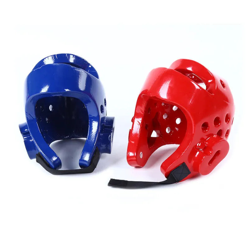 Red and blue karate protective gear set with helmet, boxing gloves, and leg guard