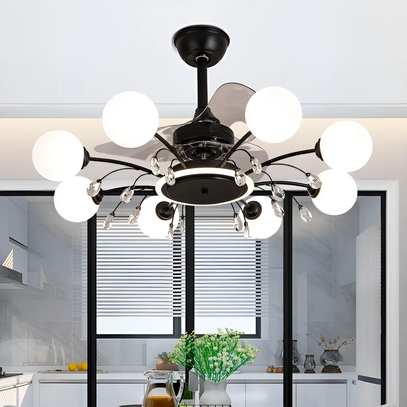 Ceiling fan lamp with chandelier design featuring multiple light heads and metal blades in black finish