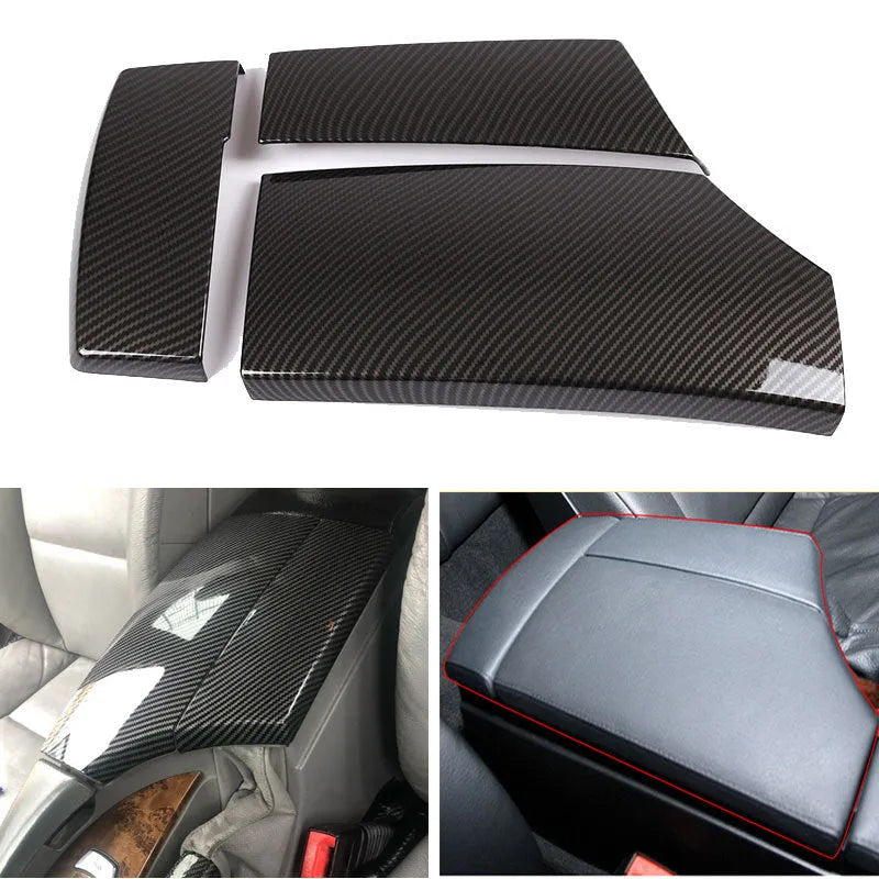 Set of three black ABS plastic armrest box covers with a shiny diagonal carbon fibre weave pattern.