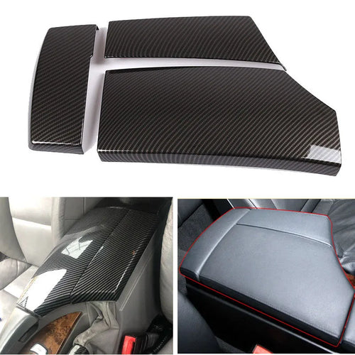 Set of three black ABS plastic armrest box covers with a shiny diagonal carbon fibre weave pattern.